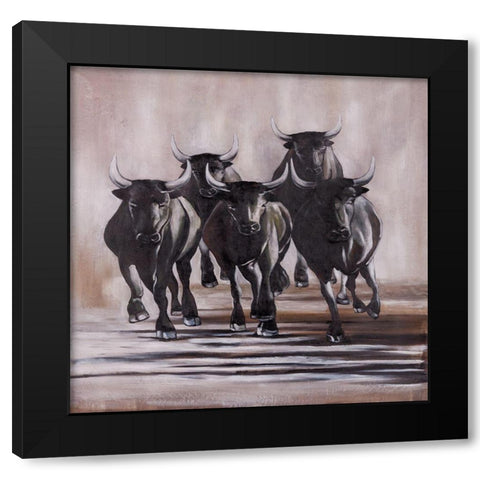 GROUP OF RUNNING BULLS Black Modern Wood Framed Art Print by Atelier B Art Studio