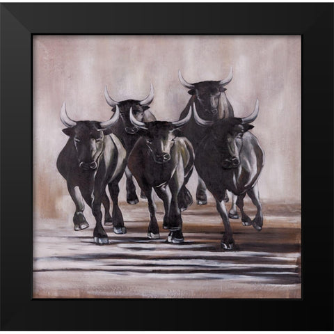 GROUP OF RUNNING BULLS Black Modern Wood Framed Art Print by Atelier B Art Studio