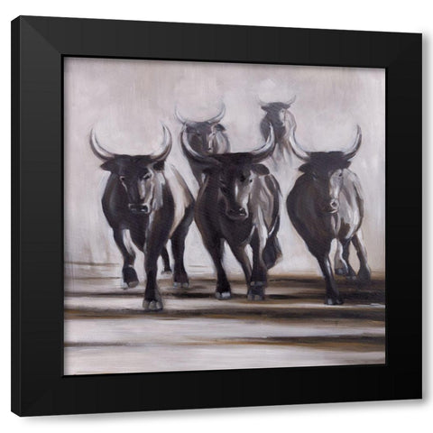 RUNNING FIERCE BULLS Black Modern Wood Framed Art Print by Atelier B Art Studio