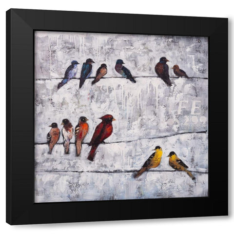 COLORFUL BIRDS ON BRANCHES Black Modern Wood Framed Art Print with Double Matting by Atelier B Art Studio