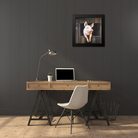 Smiling Pig Black Modern Wood Framed Art Print by Atelier B Art Studio