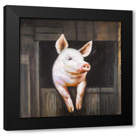 Smiling Pig Black Modern Wood Framed Art Print by Atelier B Art Studio