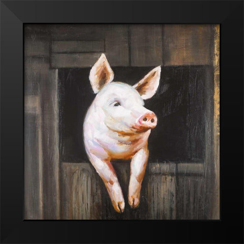 Smiling Pig Black Modern Wood Framed Art Print by Atelier B Art Studio