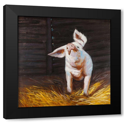 Happy Pig Black Modern Wood Framed Art Print by Atelier B Art Studio