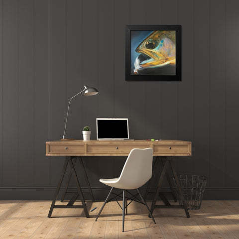 Golden Trout with Fly Fishing Flie Black Modern Wood Framed Art Print by Atelier B Art Studio