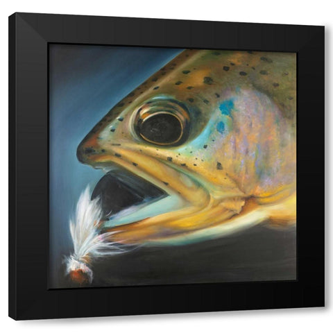 Golden Trout with Fly Fishing Flie Black Modern Wood Framed Art Print by Atelier B Art Studio