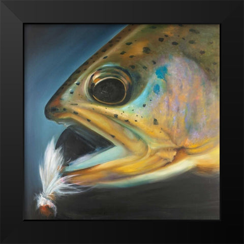 Golden Trout with Fly Fishing Flie Black Modern Wood Framed Art Print by Atelier B Art Studio