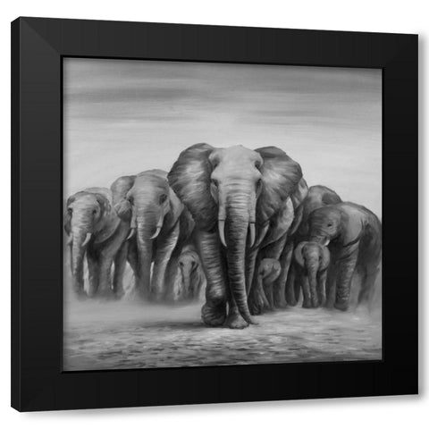 Herd Elephants Black Modern Wood Framed Art Print by Atelier B Art Studio