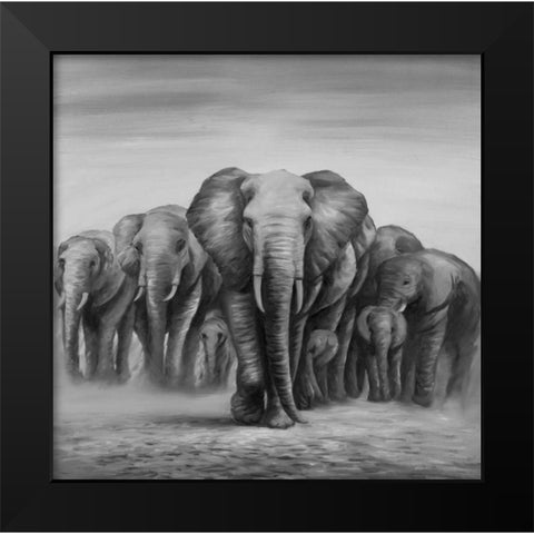 Herd Elephants Black Modern Wood Framed Art Print by Atelier B Art Studio