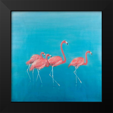 Four Flamingos Black Modern Wood Framed Art Print by Atelier B Art Studio