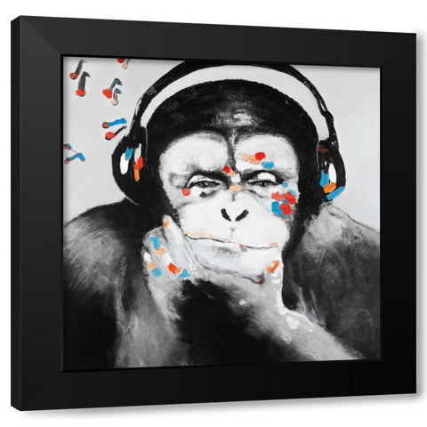 Monkey with Headphones Black Modern Wood Framed Art Print by Atelier B Art Studio