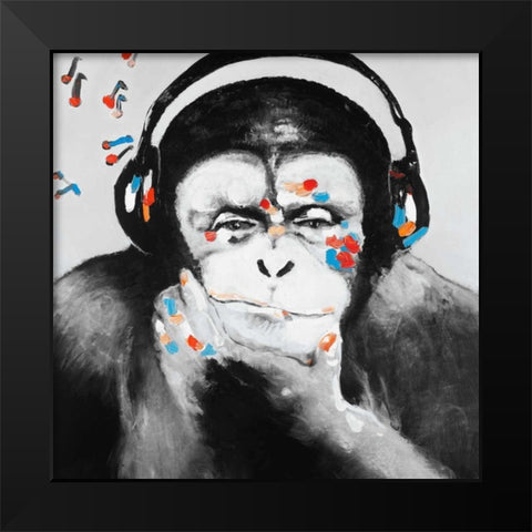 Monkey with Headphones Black Modern Wood Framed Art Print by Atelier B Art Studio