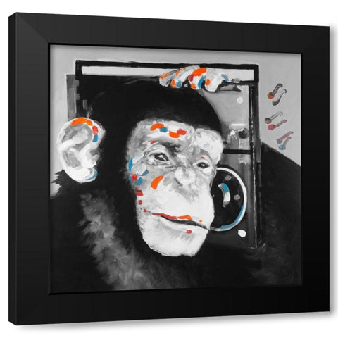 Monkey Listening to Radio Black Modern Wood Framed Art Print with Double Matting by Atelier B Art Studio