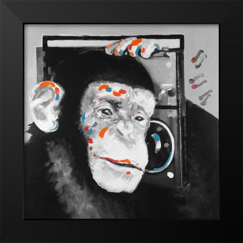 Monkey Listening to Radio Black Modern Wood Framed Art Print by Atelier B Art Studio