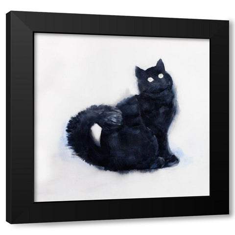 FURRY BLACK WATERCOLOR CAT Black Modern Wood Framed Art Print with Double Matting by Atelier B Art Studio