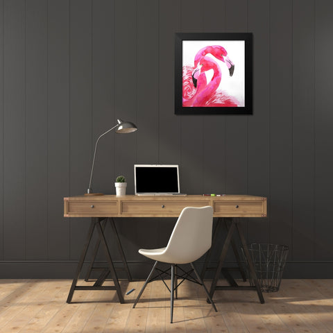 WATERCOLOR FLAMINGO LOVE Black Modern Wood Framed Art Print by Atelier B Art Studio