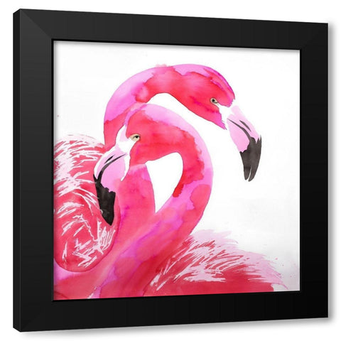 WATERCOLOR FLAMINGO LOVE Black Modern Wood Framed Art Print with Double Matting by Atelier B Art Studio