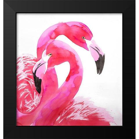 WATERCOLOR FLAMINGO LOVE Black Modern Wood Framed Art Print by Atelier B Art Studio