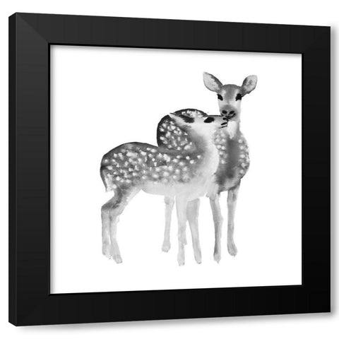 BLACK AND WHITE FAWNS LOVE Black Modern Wood Framed Art Print by Atelier B Art Studio