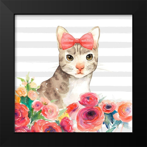 SMALL CAT WITH FLOWERS Black Modern Wood Framed Art Print by Atelier B Art Studio