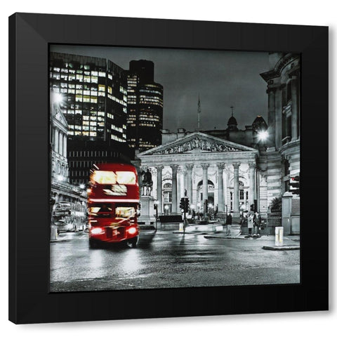 Grayscale Pantheon with red bus Black Modern Wood Framed Art Print with Double Matting by Atelier B Art Studio
