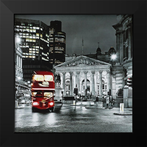 Grayscale Pantheon with red bus Black Modern Wood Framed Art Print by Atelier B Art Studio