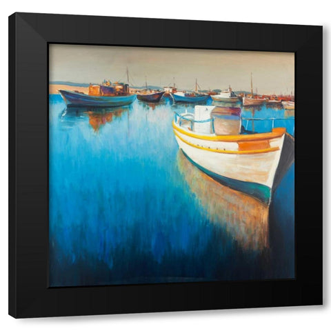 Fishing Boat at the Marina Black Modern Wood Framed Art Print with Double Matting by Atelier B Art Studio