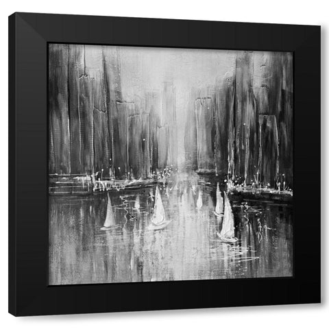 Grayscale boats on the water Black Modern Wood Framed Art Print with Double Matting by Atelier B Art Studio