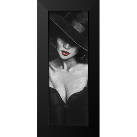 Mysterious Red Lips Lady Black Modern Wood Framed Art Print by Atelier B Art Studio