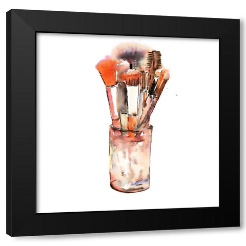 SET OF MAKE-UP BRUSHES Black Modern Wood Framed Art Print by Atelier B Art Studio