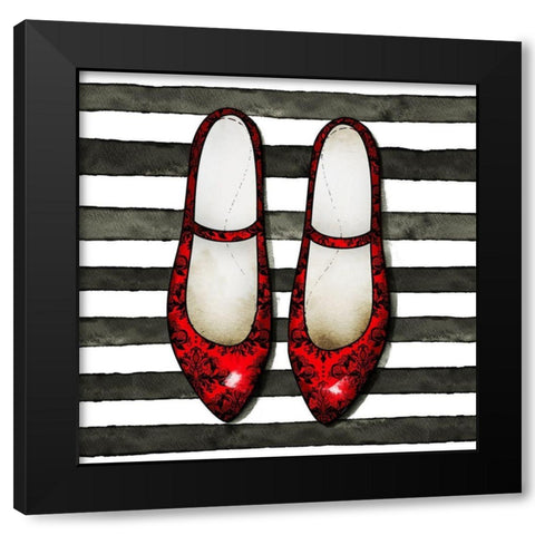 RED GLOSSY SHOES ON STRIPED BACKGROUND Black Modern Wood Framed Art Print with Double Matting by Atelier B Art Studio