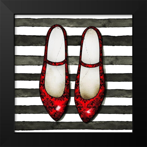RED GLOSSY SHOES ON STRIPED BACKGROUND Black Modern Wood Framed Art Print by Atelier B Art Studio