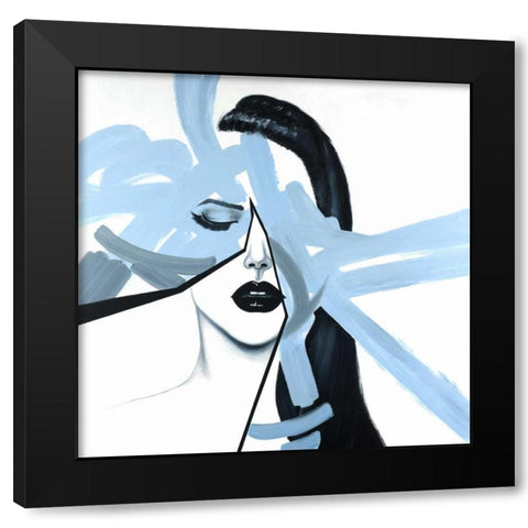 Abstract Blue Woman Portrait Black Modern Wood Framed Art Print with Double Matting by Atelier B Art Studio