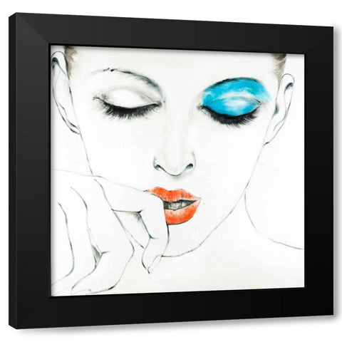 Outline of Female Portrait in Blue Black Modern Wood Framed Art Print with Double Matting by Atelier B Art Studio