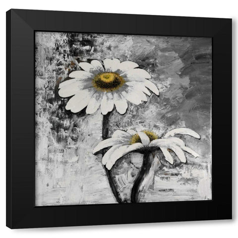Abstract Daisies Flowers Black Modern Wood Framed Art Print with Double Matting by Atelier B Art Studio