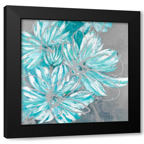 Three Little Abstract Blue Flowers Black Modern Wood Framed Art Print by Atelier B Art Studio