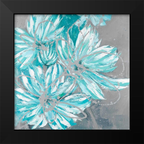 Three Little Abstract Blue Flowers Black Modern Wood Framed Art Print by Atelier B Art Studio