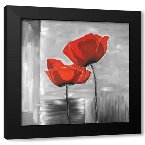 Two Red Flowers on a Grayscale Background Black Modern Wood Framed Art Print by Atelier B Art Studio
