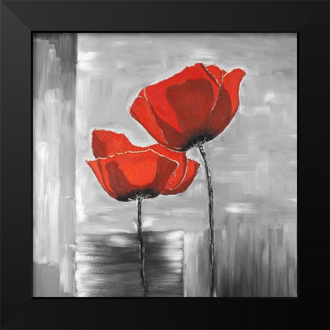Two Red Flowers on a Grayscale Background Black Modern Wood Framed Art Print by Atelier B Art Studio