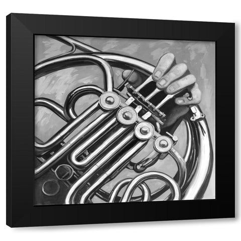 Musician with frech horn monochrome Black Modern Wood Framed Art Print by Atelier B Art Studio