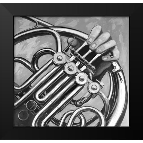 Musician with frech horn monochrome Black Modern Wood Framed Art Print by Atelier B Art Studio