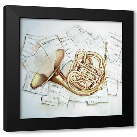 HORN ON MUSIC SHEET Black Modern Wood Framed Art Print by Atelier B Art Studio