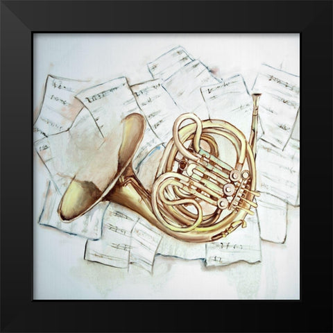 HORN ON MUSIC SHEET Black Modern Wood Framed Art Print by Atelier B Art Studio