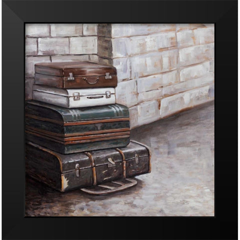 Four Old Traveling Suitcases Black Modern Wood Framed Art Print by Atelier B Art Studio