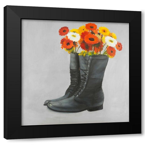 Boots with Daisy Flowers Black Modern Wood Framed Art Print by Atelier B Art Studio
