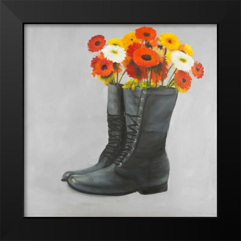 Boots with Daisy Flowers Black Modern Wood Framed Art Print by Atelier B Art Studio