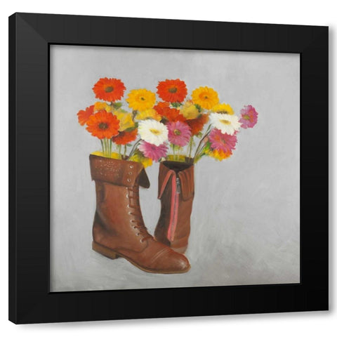 Leather Boots with Daisy Flowers Black Modern Wood Framed Art Print with Double Matting by Atelier B Art Studio