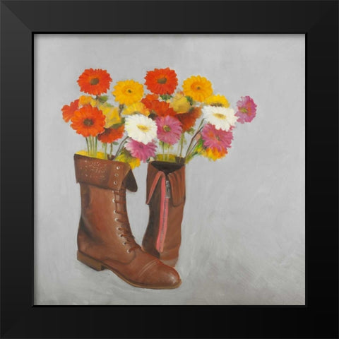 Leather Boots with Daisy Flowers Black Modern Wood Framed Art Print by Atelier B Art Studio