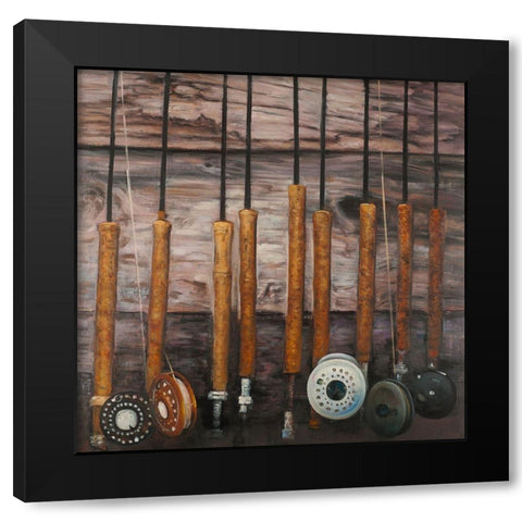 FISHING RODS ON WOOD Black Modern Wood Framed Art Print with Double Matting by Atelier B Art Studio
