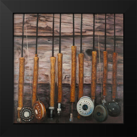 FISHING RODS ON WOOD Black Modern Wood Framed Art Print by Atelier B Art Studio